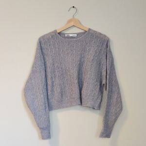 Zara | Women's Open Knit Wool Alpaca Blend Crop Sweater in Periwinkle